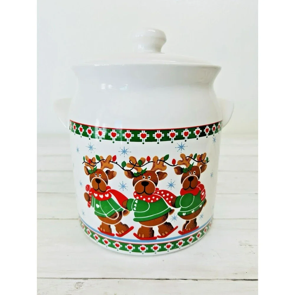 Vintage B&D Reindeer Cookie Jar Green Red Hearts White 1980’s 8' tall W/Lid